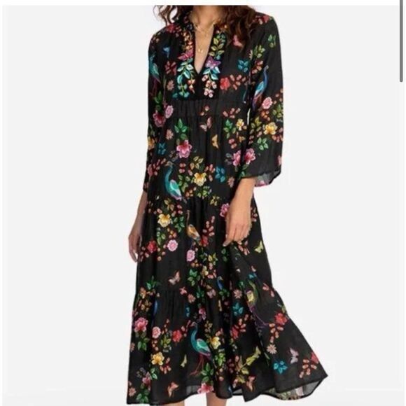 Johnny Was Womens Floral Tiered Embroidered V-Neck Boho Midi Dress Black Size XL - Picture 3 of 16